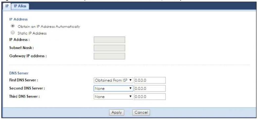 IP IP Alias IP Address Obtain an IP Address Automatically Static IP Address IP Address : Subnet Mask : Gateway IP address : DNS Server First DNS Server : Obtained From ISP ▼ 0.0.0.0 Second DNS Server : None ▼ 0.0.0.0 Third DNS Server : None ▼ 0.0.0.0 Apply Cancel