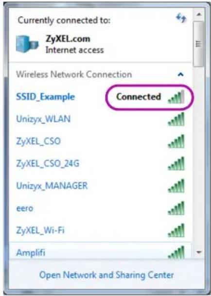 Currently connected to: ZyXEL.com Internet access Wireless Network Connection SSID_Example Connected Unizyx_WLAN ZyXEL_CSO ZyXEL_CSO_24G Unizyx_MANAGER eero ZyXEL_Wi-Fi Amplifi Open Network and Sharing Center