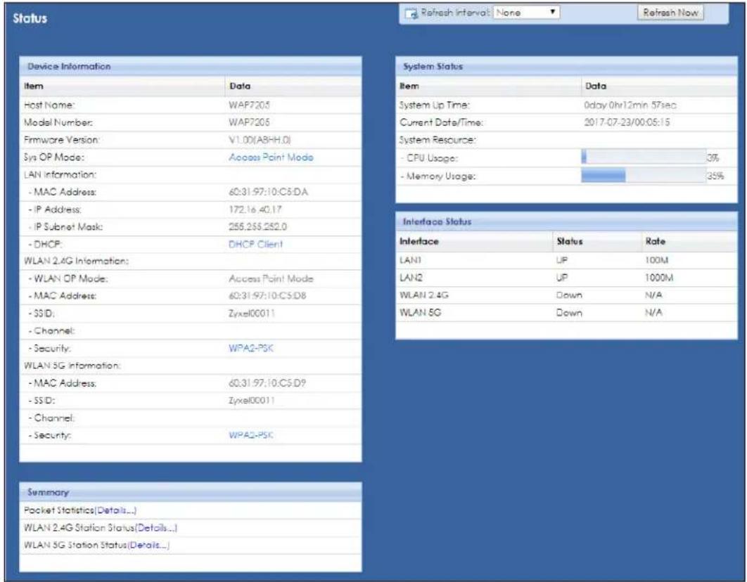 Status Device Information Item Data Host Name: WAP7205 Model Number: WAP7205 Firmware Version: V1.00(A8+H.0) Sys OP Mode: Access Point Mode LAN Information: - MAC Address: 60:31.97:10:C5:DA - IP Address: 172.16.40.17 - IP Subnet Mask: 255.255.252.0 - DHCP: DHCP Client WLAN 2.4G Information: - WLAN OP Mode: Access Point Mode - MAC Address: 60:31.97:10:C5:D8 - SSD: Zyxe100011 - Channel: - Security: WPA2-PSK WLAN 5G Information: - MAC Address: 60:31.97:10:C5:D9 - SSD: Zyxe100011 - Channel: - Security: WPA2-PSC System Status Item Data System Up Time: 0day 0hr12min 57sec Current Date/Time: 2017-07-23/00:05:15 System Resource: - CPU Usage: 3% - Memory Usage: 35% Interface Status Interface Status Rate LAN1 UP 100M LAN2 UP 1000M WLAN 2.4G Down N/A WLAN 5G Down N/A Summary Packet Statistics(Details...) WLAN 2.4G Station Status(Details...) WLAN 5G Station Status(Details...)