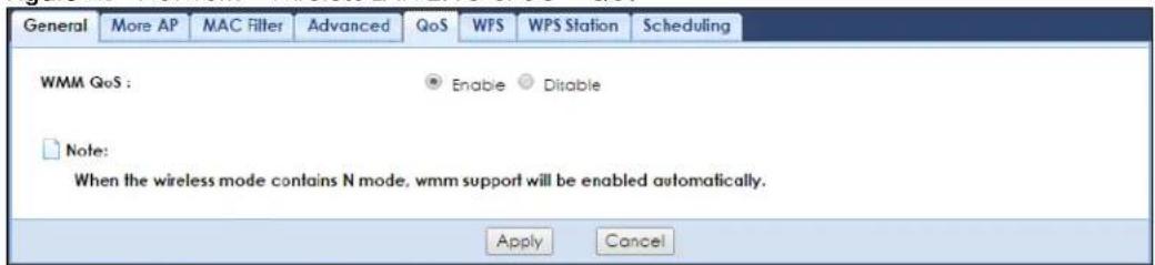 General More AP MAC Filter Advanced QoS WFS WPS Station Scheduling WMM QoS : Enable Disable Note: When the wireless mode contains N mode, wmm support will be enabled automatically. Apply Cancel
