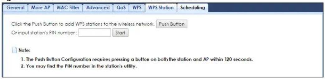 General More AP MAC Filter Advanced QoS WPS WPS Station Scheduling Click the Push Button to add WPS stations to the wireless network. Push Button Or input station's PIN number: Start Note: 1. The Push Button Configuration requires pressing a button on both the station and AP within 120 seconds. 2. You may find the PIN number in the station's utility.