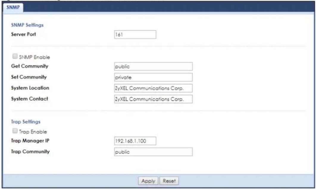 SNMP SNMP Settings Server Port 161 SNMP Enable Get Community public Set Community private System Location ZyXEL Communications Corp. System Contact ZyXEL Communications Corp. Trap Settings Trap Enable Trap Manager IP 192.168.1.100 Trap Community public Apply Reset