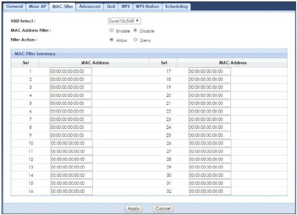 General More AP MAC Filter Advanced QoS WPS WPS Station Scheduling SSID Select : Zyxel10c5d5 MAC Address Filter : Enable Disable Filter Action : Allow Deny MAC Filter Summary Set MAC Address Set MAC Address 1 00:00:00:00:00:00 17 00:00:00:00:00:00 2 00:00:00:00:00:00 18 00:00:00:00:00:00 3 00:00:00:00:00:00 19 00:00:00:00:00:00 4 00:00:00:00:00:00 20 00:00:00:00:00:00 5 00:00:00:00:00:00 21 00:00:00:00:00:00 6 00:00:00:00:00:00 22 00:00:00:00:00:00 7 00:00:00:00:00:00 23 00:00:00:00:00:00 8 00:00:00:00:00:00 24 00:00:00:00:00:00 9 00:00:00:00:00:00 25 00:00:00:00:00:00 10 00:00:00:00:00:36 26 11 11 11 11 12 12 12 12 12 13 13 13 13 13 14 14 14 14 14 15 15 15 15 15 16 16 16 16 16 17 17 Apply Cancel
