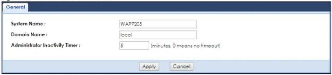 General System Name : WAP7205 Domain Name : local Administrator Inactivity Timer : 5 (minutes, 0 means no timeout) Apply Cancel