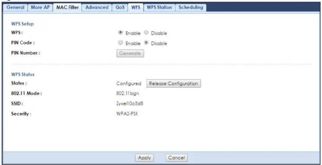 General More AP MAC Filter Advanced QoS WPS WPS Station Scheduling WPS Setup WPS : Enable Disable PIN Code : Enable Disable PIN Number : Generate WPS Status Status : Configured Release Configuration 802.11 Mode : 802.11bgn SSID : Zyxell0c5d8 Security : WPA2-PSK Apply Cancel