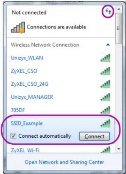Not connected Connections are available Wireless Network Connection Unizyx_WLAN ZyXEL_CSO ZyXEL_CSO_24G Unizyx_MANAGER 705DF SSID_Example Connect automatically Connect ZyXEL Wi-Fi Open Network and Sharing Center