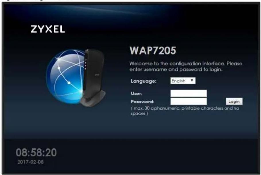 ZYXEL WAP7205 Welcome to the configuration interface. Please enter username and password to login. Language: English User: Password: Login ( max. 30 alphanumeric, printable characters and no spaces ) 08:58:20 2017-02-08