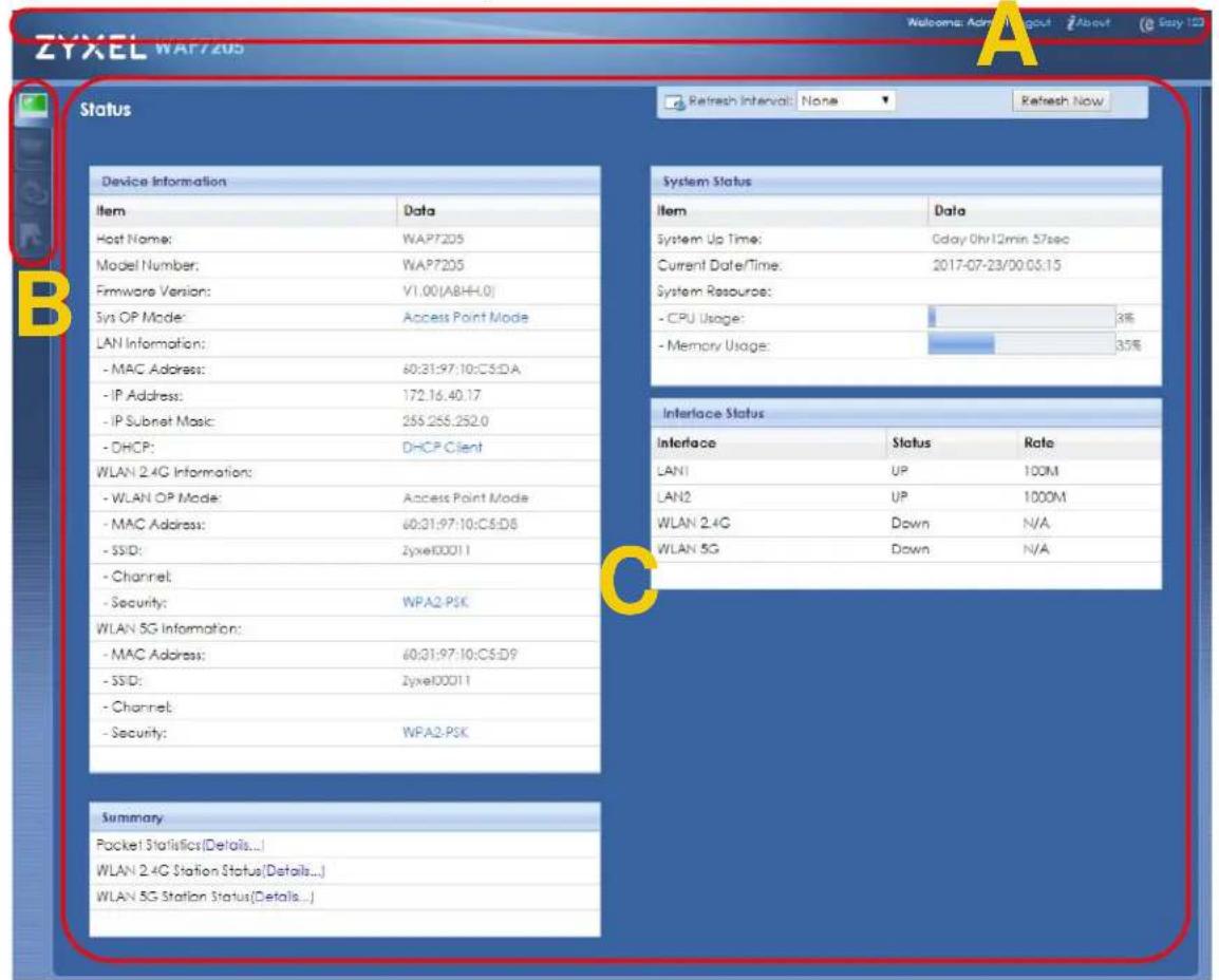 ZYXEL WAF7205 Status Refresh Interval: None Refresh Now Device Information Item Data Host Name: WAP7205 Model Number: WAP7205 Firmware Version: V1.00(ABH4.0) Sys OP Mode: Access Point Mode LAN Information: - MAC Address: 60:31:97:10:C$DA - IP Address: 172.16.40.17 - IP Subnet Mask: 255.256.252.0 - DHCP: DHCP Client WLAN 2.4G Information: - WLAN OP Mode: Access Point Mode - MAC Address: 60:31:97:10:C$D8 - SSID: Zyxe10011 - Channel: - Security: WPA2-PSK WLAN 5G Information: - MAC Address: 60:31:97:10:C$D9 - SSID: Zyxe10011 - Channel: - Security: WPA2-PSK System Status Item Data System Up Time: Cday 0hr/12min 57sec Current Date/Time: 2017-07-23/00:05:15 System Resource: - CPU Usage: 3% - Memory Usage: 35% Interface Status Interface Status Rate LAN1 UP 100M LAN2 UP 1000M WLAN 2.4G Down N/A WLAN 5G Down N/A Summary Packet Statistics(Details...) WLAN 2.4G Station Status(Details...) WLAN 5G Station Status(Details...)