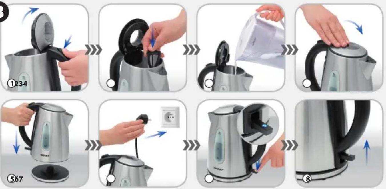 Step-by-step cooking process for a brand water heater, showing step-by-step usage and installation steps