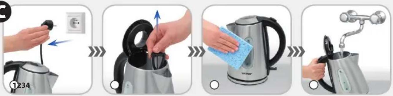 Step-by-step sequence showing a hand holding a power outlet, pouring liquid into a kettle, and cleaning the water using a sponge.