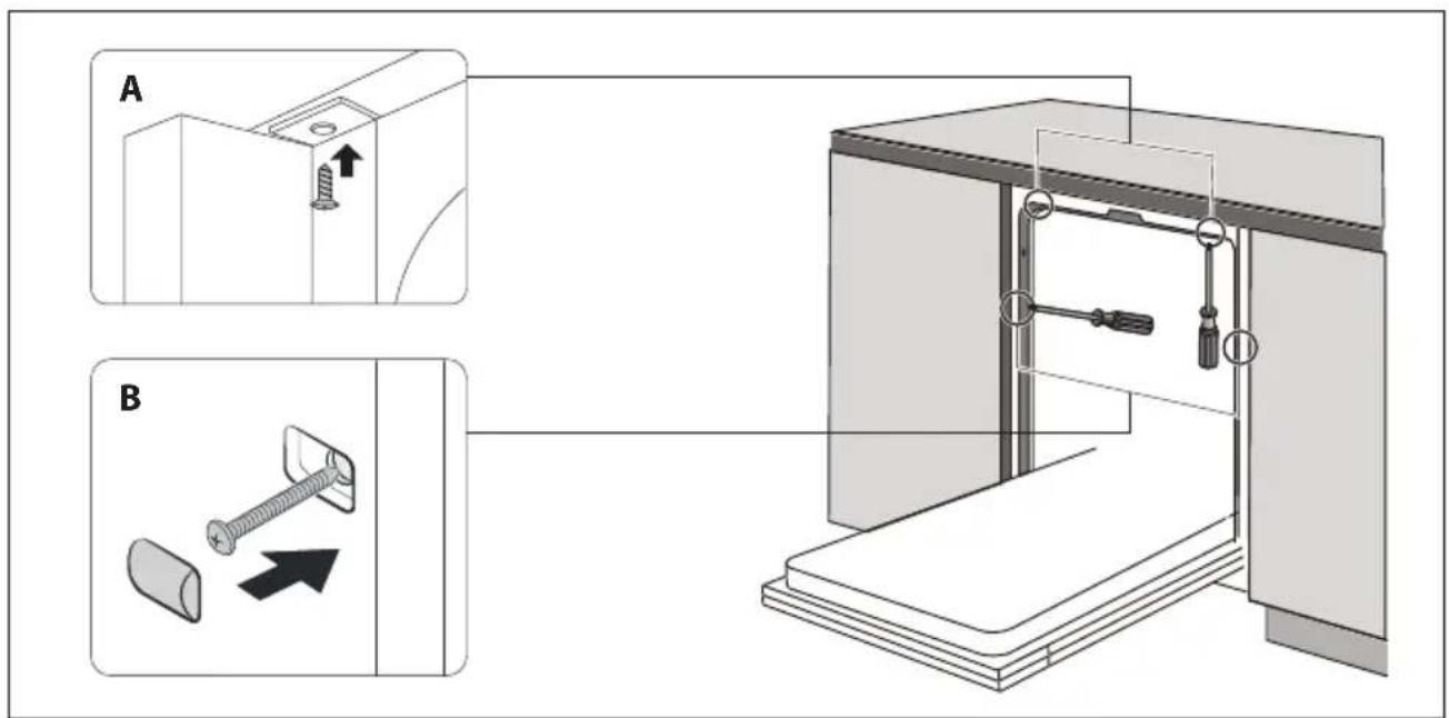 Technical diagram showing two views (A and B) of a mechanical assembly with screw fasteners and a sliding mechanism, likely illustrating a mounting or locking procedure.