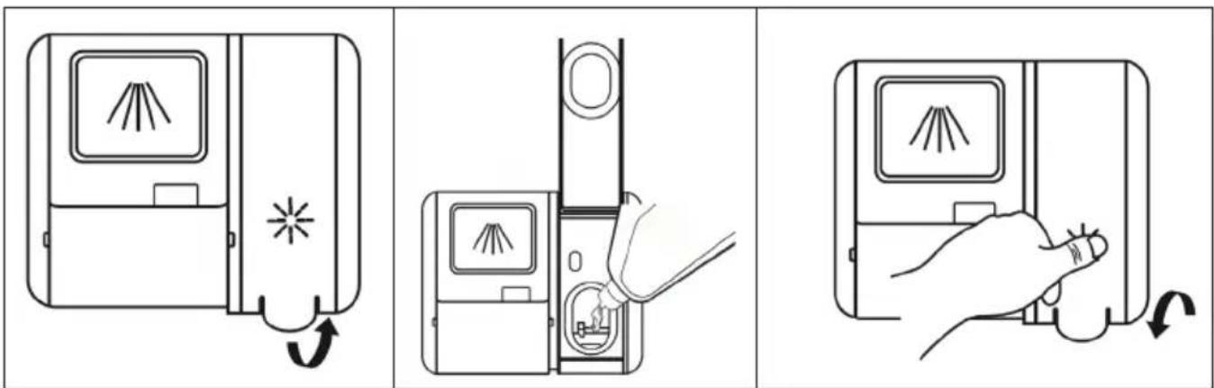 Diagram showing three-step instructions for using a device to interact with a hand, labeled in Chinese.