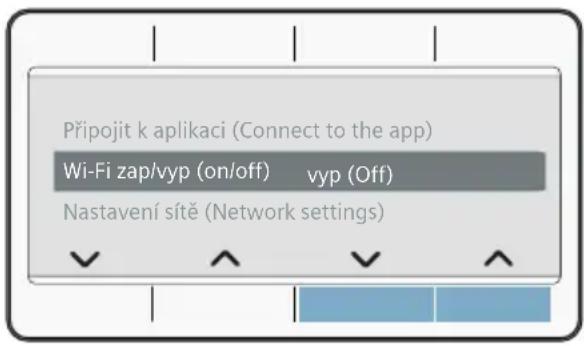 Připojit k aplikaci (Connect to the app) Wi-Fi zap/vyp (on/off) vyp (Off) Nastavení síťě (Network settings)