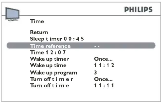 PHILIPS Time Return Sleep t imer 0 0 : 4 5 Time reference -- Time 1 2 : 0 7 Wake up timer Once... Wake up time 1 1 : 1 2 Wake up program 3 Turn off t i m e r Once... Turn off t i m e 1 1 : 1 1