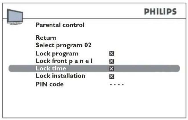 PHILIPS Parental control Return Select program 02 Lock program Lock front p a n e l Lock time Lock installation PIN code - - - -