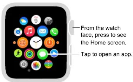 From the watch face, press to see the Home screen. Tap to open an app.