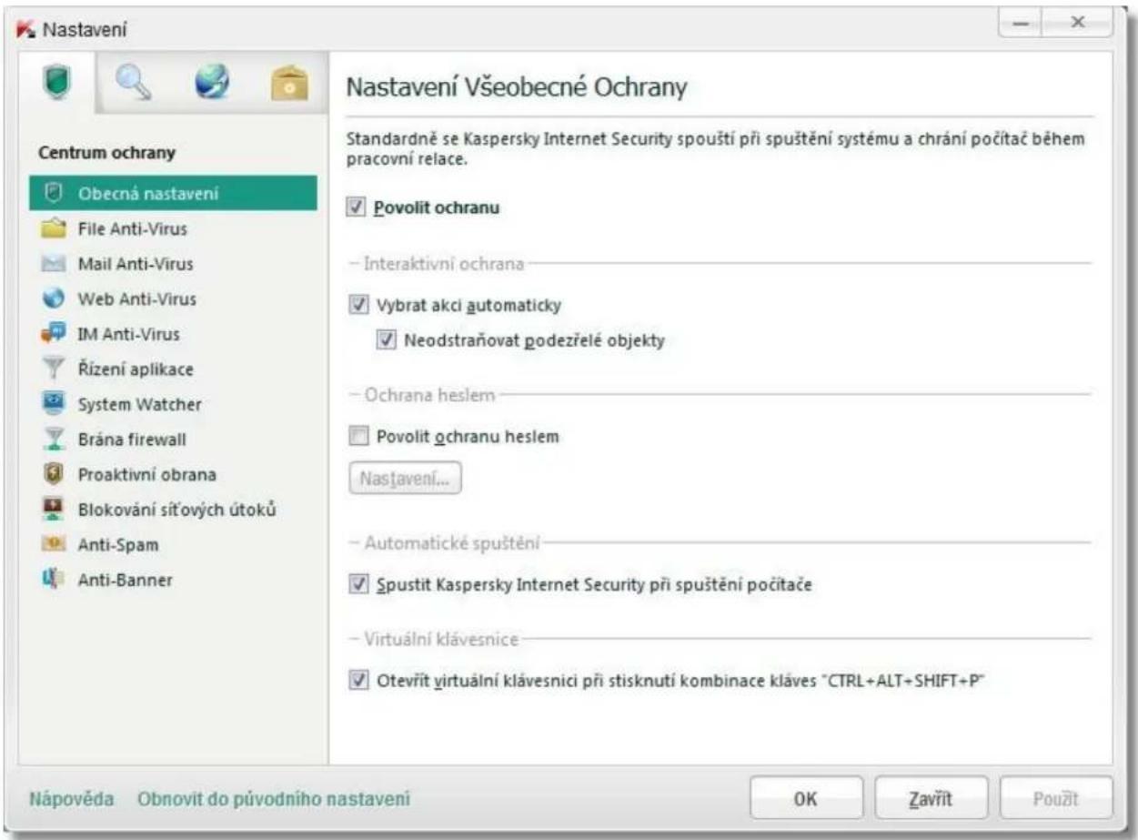 Nastavení Centrum ochrany Obecná nastavení File Anti-Virus Mail Anti-Virus Web Anti-Virus IM Anti-Virus Rízení aplikace System Watcher Brána firewall Proaktivní obrana Blokování sítových útoků Anti-Spam Anti-Banner Nastavení Všeobecné Ochrany Standardné se Kaspersky Internet Security spouští při spuštění systému a chrání počitač během pracovní relace. ✓ Povolit ochranu - Interaktivní ochrana ✓ Vybrat akci automaticky ✓ Neodstraňovat podezřelé objekty - Ochrana heslem ☐ Povolit ochranu heslem Nastavení... - Automatické spuštění ✓ Spustit Kaspersky Internet Security při spuštění počitače - Virtuální klávesnice ✓ Otevřit virtuální klávesnici při stisknutí kombinace kláves "CTRL+ALT+SHIFT+P" Nápověda Obnovit do původního nastavení OK Zavřit Použit