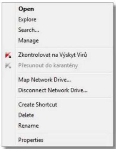 Open Explore Search... Manage Zkontrolovat na Výskyt Virů Přesunout do karantény Map Network Drive... Disconnect Network Drive... Create Shortcut Delete Rename Properties