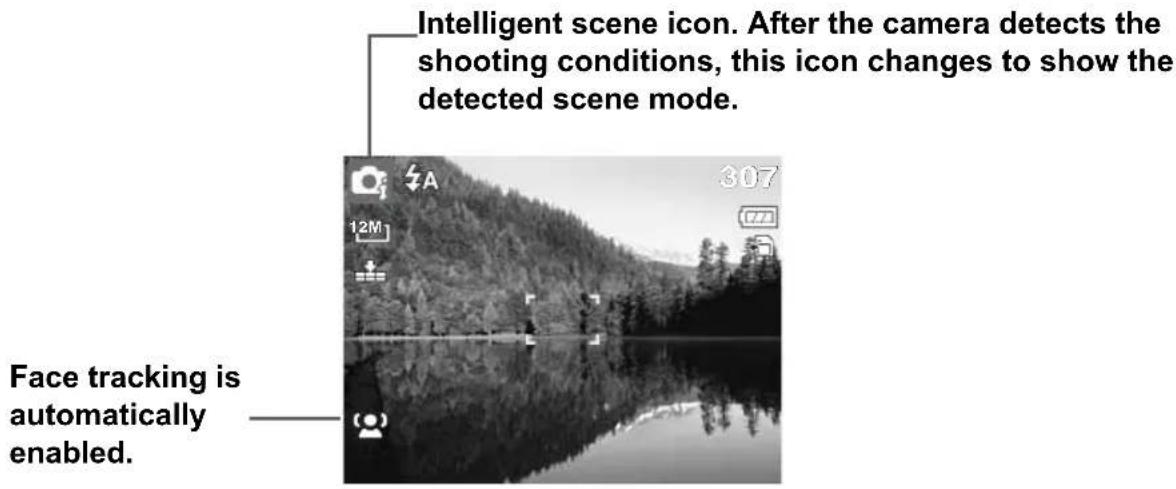 Intelligent scene icon. After the camera detects the shooting conditions, this icon changes to show the detected scene mode. Face tracking is automatically enabled.