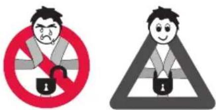 Two safety warning symbols: one with a red prohibition sign and the other with a triangular hazard symbol.