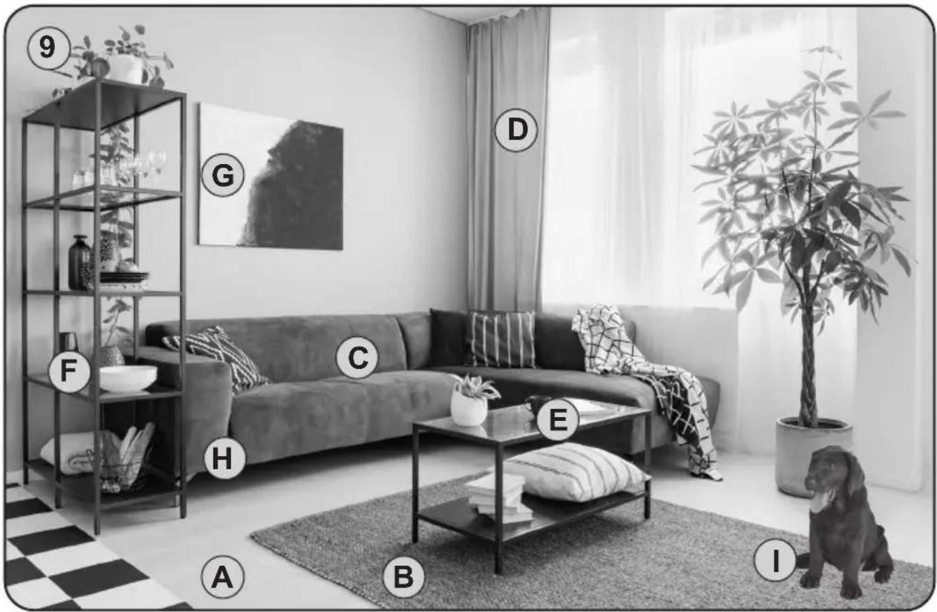 Black-and-white living room photo with numbered furniture and a dog, featuring a sofa, coffee table, wall art, and potted plant.