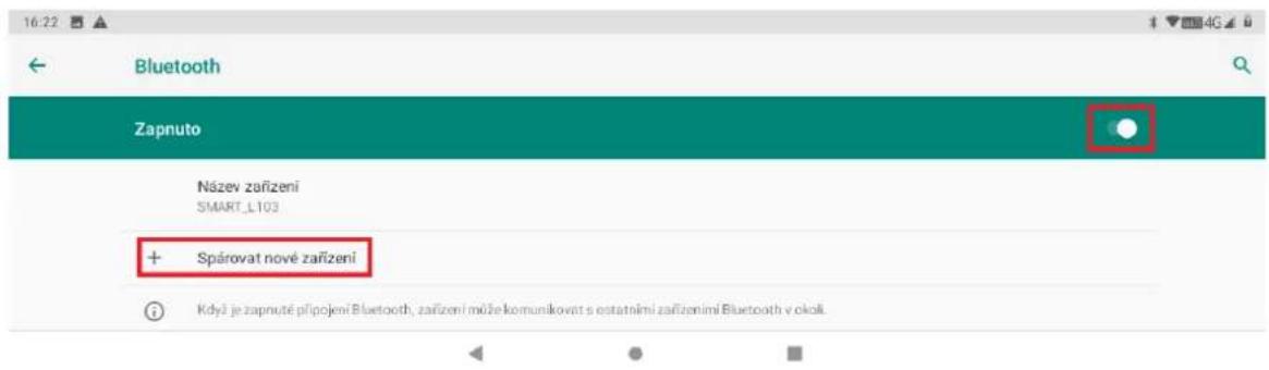 16:22 Bluetooth Zapnuto Název zařízení SMART_L103 + Spárovat nové zařízení Kdyš je zapnuté připojení Bluetooth, zařízení může komunikovat s ostatními zařízenímí Bluetooth v okok
