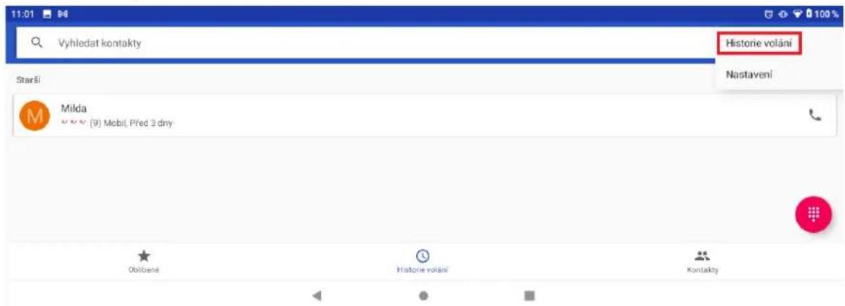 11:01 Vyhledat kontakty Historie volání Starší Milda [9] Mobil, Před 3 dny Obilbana Historie volání Nastavení Kontakty