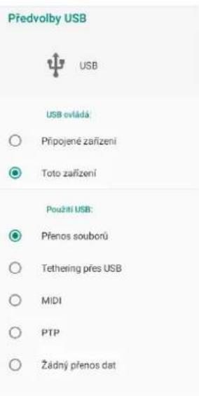Předvolby USB USB USB ovláda Připojené zařízení Toto zařízení Použití USB: Přenos souborů Tethering přes USB MIDI PTP Žádný přenos dat