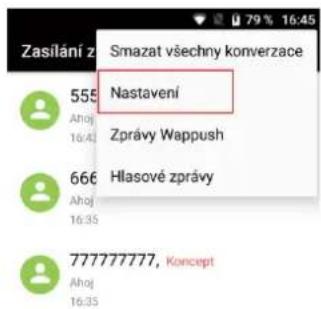 Zasilání z Smazat všechny konverzace 555 Nastavení Ahoj Zprávy Wappush 16:41 666 Hlasové zprávy Ahoj 16:35 777777777, Koncept Ahoj 16:35