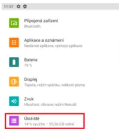 11:57 Přípojená zařízení Bluetooth Aplikace a oznámení Nedávně aplikace, výchhoži aplikace Baterie 79 % Displej Tapeta, režim spárku, velikost pisma Zvuk Hlasitost, vibrace, režim Nerusít Úložisté 14 % využko ~ 55,36 GB volné