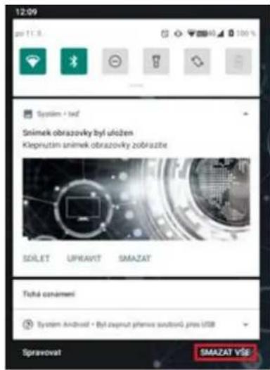 12:09 por 11.8. Systém • tsef Snimek obrazovky byl uložen Kleprnizám snimek obrazovky zobrazzte SOLET UPRAVIT SMAZAT Tohá cenárnevi System Android • Byl zaprnuh phrenos svadžová jpeš USB Spravovat SMAZAT VŠE
