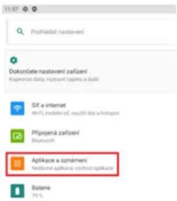 11:57 Proshledat nastavení Dokončete nastavení zařízení Klaperovat data, nážavit zapety a dáří SÍť a internet Wi-Fi, mobění sít, vyučší dat a hístupet Připojená zařízení Bluetooths Aplikace a oznámení Nedžavné aplikace, výjotná úplikace Baterie 79%