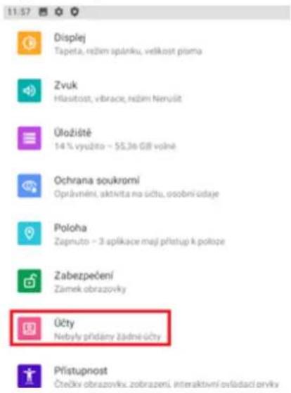 11.57 Displéj Tapeta, režim spánku, veškost pláma Zvuk Hlasitost, vibrace, režim Nervišť Úložiště 14 % využito – $5,36 GII volně Ochrana soukromí Oprávnění, aktivita na účtu, osobní údaje Poloha Zapnuto – 3 aplikace mají přístup k poloze Zabezpečení Zánek obrazovky Účty Nebyly přídány žádné účty Přístupnost Čtedý obrazovky, zobrazení, interaktivní ovládací orvky