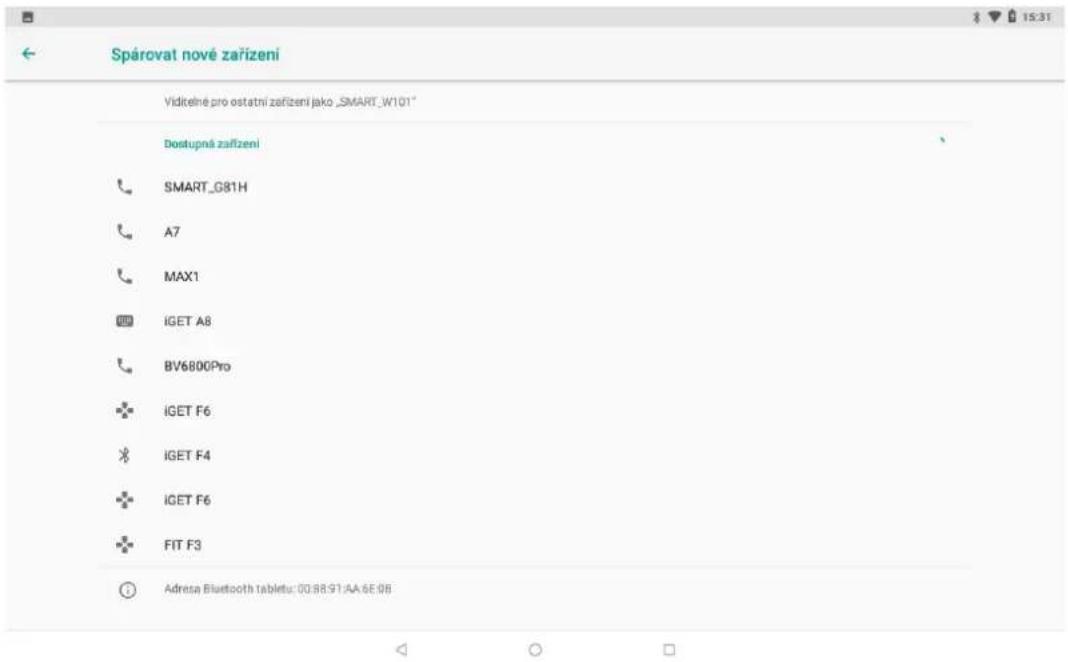 Spárovat nové zařízení Viditelné pro ostatní zařízení jako „SMART_W101“ Dostupná zařízení SMART_G81H A7 MAX1 iGET A8 BV6800Pro iGET F6 iGET F4 iGET F6 FIT F3 Adresa Bluetooth tabletu: 00:88:91-AA:6E:0B