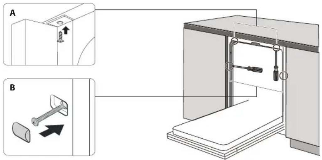 Technical diagram showing two views (A and B) of a mechanical assembly with labeled components and directional arrows indicating movement.