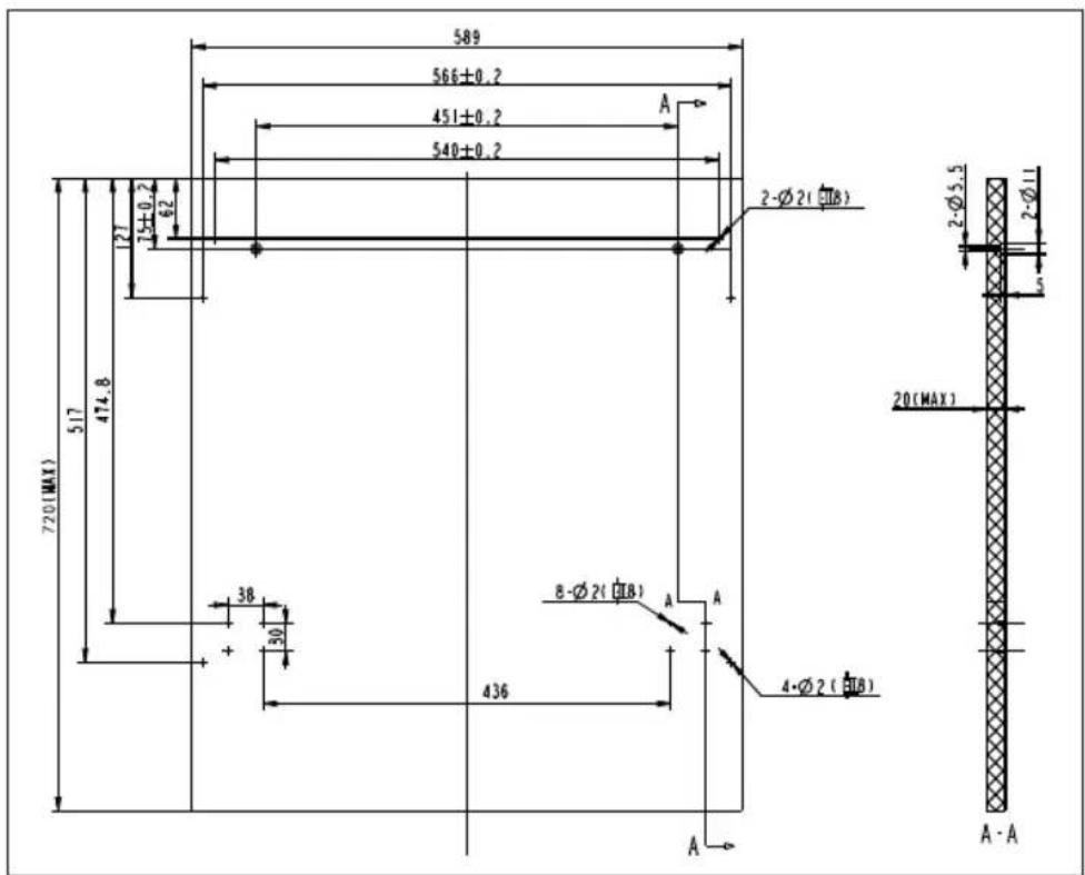 589 566±0.2 451±0.2 540±0.2 A 2-Ø2(∅B) 2-Ø5.5 2-Ø11 720(MAX) 517 474.8 38 30 + 436 8-Ø2(∅B) A A 4-Ø2(∅B) A-A 20(MAX) A-A