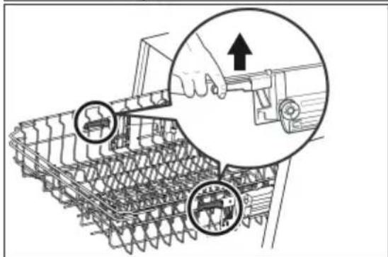 Technical diagram showing a hand operating a mechanical component with two circular insets highlighting specific parts of the device.