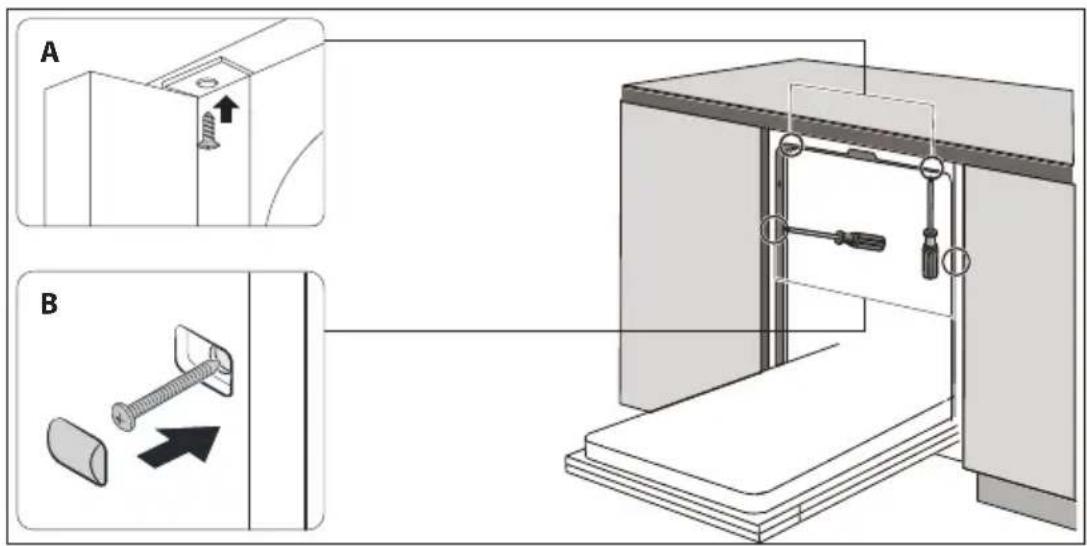 Technical diagram showing two views (A and B) of a mechanical assembly with screw fasteners and a switch, illustrating assembly steps.