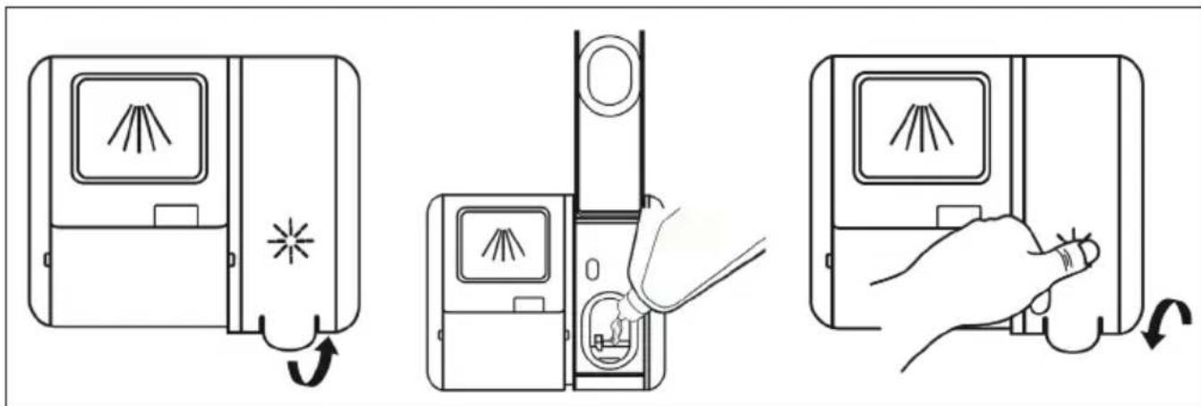 Diagram illustrating three steps of a device operation: opening, inserting a fan into a device, and adjusting the button.