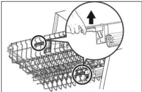 Technical diagram showing a hand operating a mechanical component with two circular insets highlighting specific parts of the component.
