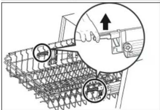 Technical diagram showing a hand operating a mechanical component with two circular insets highlighting specific parts of the component.