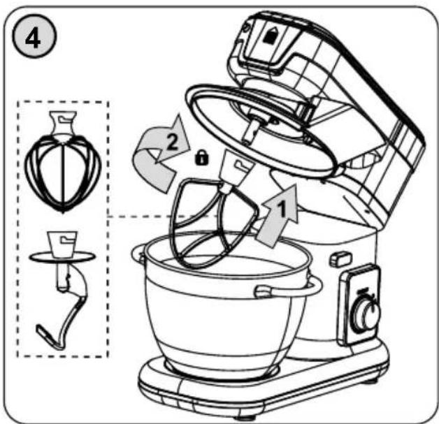Diagram of a kitchen mixer with labeled parts and instructional arrows, showing component positioning and assembly steps.