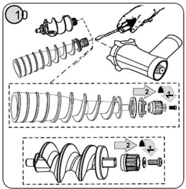 Technical diagram illustrating the assembly of a mechanical screw with numbered steps and component details.