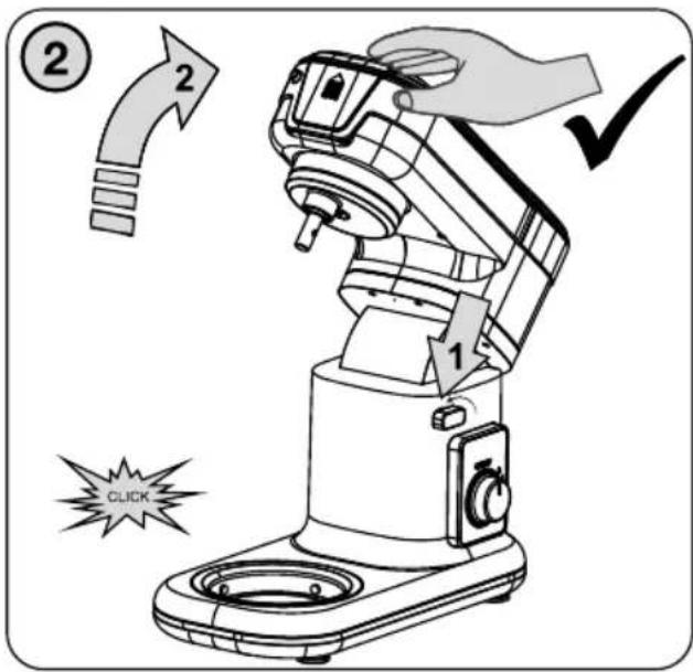 Diagram illustrating a robotic device with labeled parts and directional arrows, including a 'CLICK' button.