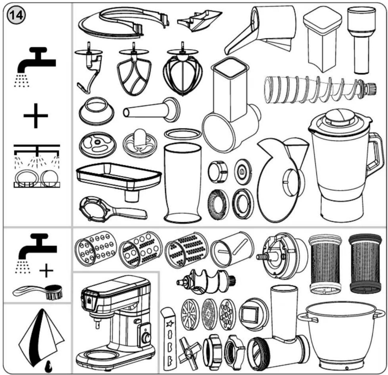 Product catalog page showing exploded and assembled views of kitchen appliances with labeled parts and numbered annotations.