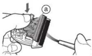 Diagram showing a hand holding a device with labeled component 'a', likely illustrating a process or assembly step.