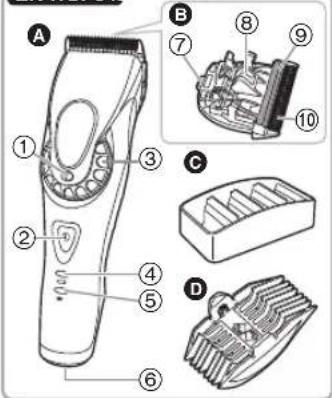 Technical diagram of a hairbrush with labeled parts and exploded view showing internal components