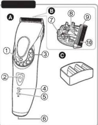 Technical diagram of a hairbrush with labeled parts and exploded view, showing internal components and part numbers.