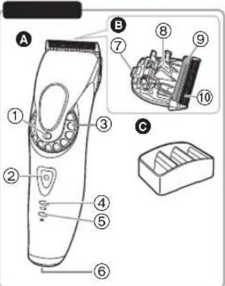 Technical diagram of a hairbrush with labeled parts and exploded view, showing internal components and part numbers.