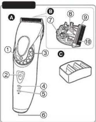 Technical diagram of a hairbrush with labeled parts and exploded view showing internal components